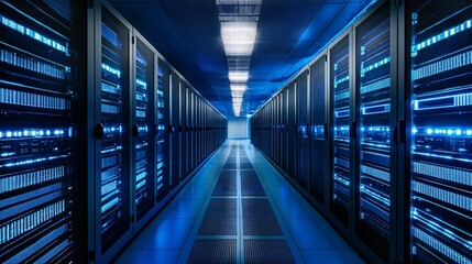 Obraz premium Server room with rows of computer racks illuminated in blue light.