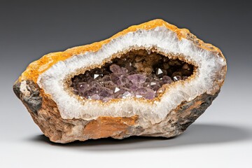A broken open geode revealing a crystal core, sparkling with amethyst formations