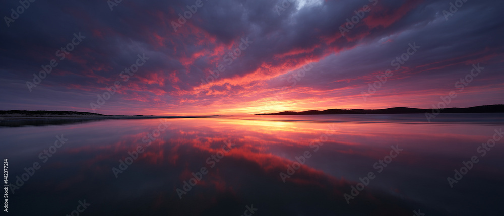 Poster stunning sunset with dramatic clouds reflects on calm lake, creating serene atmosphere