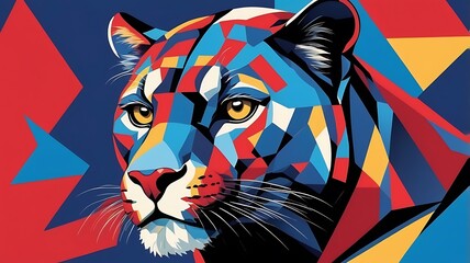 Obraz premium A fragmented pop art panther logo with cubist influences and bold red-blue contrast