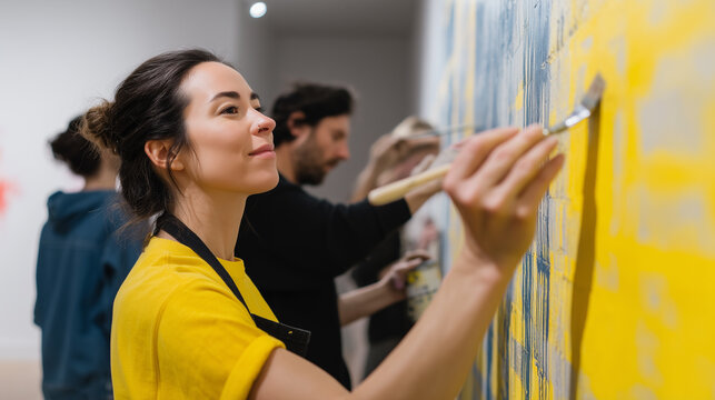 woman artist in yellow shirt paints mural with others, showcasing creativity and collaboration