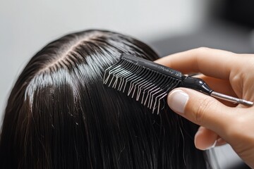 Naklejka premium A beauty salon's hairdresser is applying hair extensions to a young girl, showcasing professional hair care through a close-up of hair capsules and strands