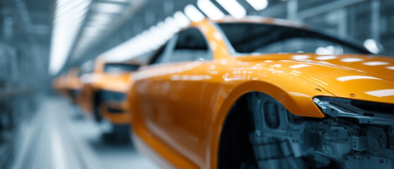 Orange cars on assembly line in modern factory, showcasing sleek design and advanced manufacturing