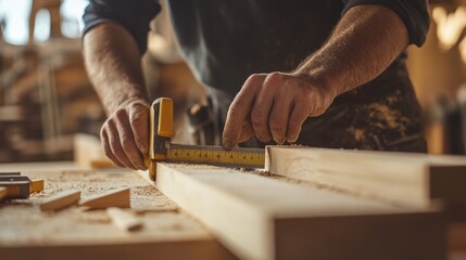 Carpenter measuring and cutting wood for a wooden structure. Featuring attention to detail and craftsmanship