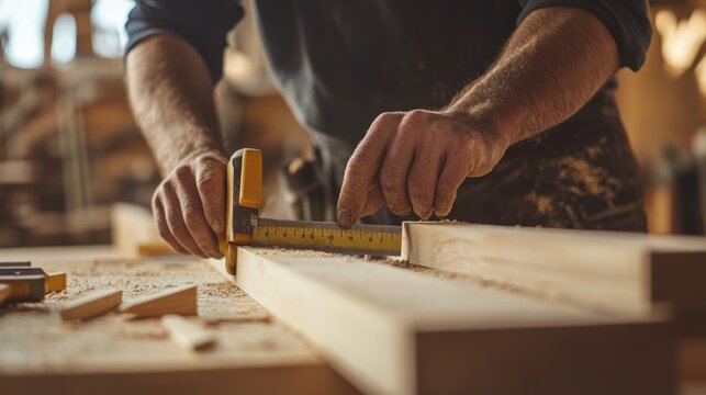 Carpenter measuring and cutting wood for a wooden structure. Featuring attention to detail and craftsmanship
