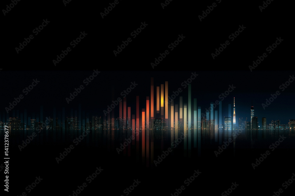 Poster vibrant urban skyline with colorful stock graphs creates digital tapestry against dark background