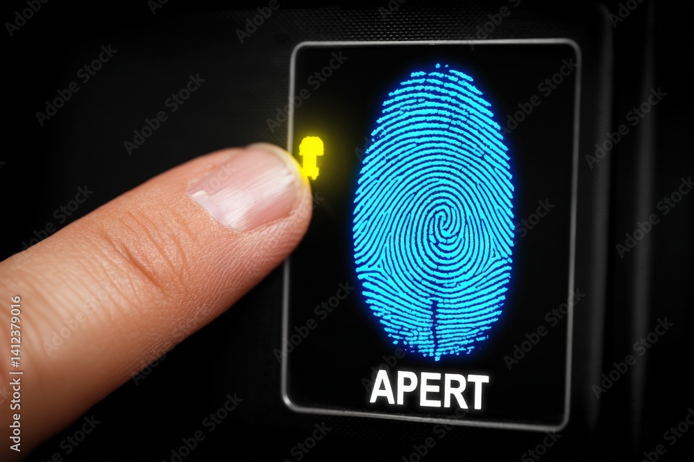 Poster a finger touches a biometric scanner displaying a blue fingerprint, indicating a secure access point