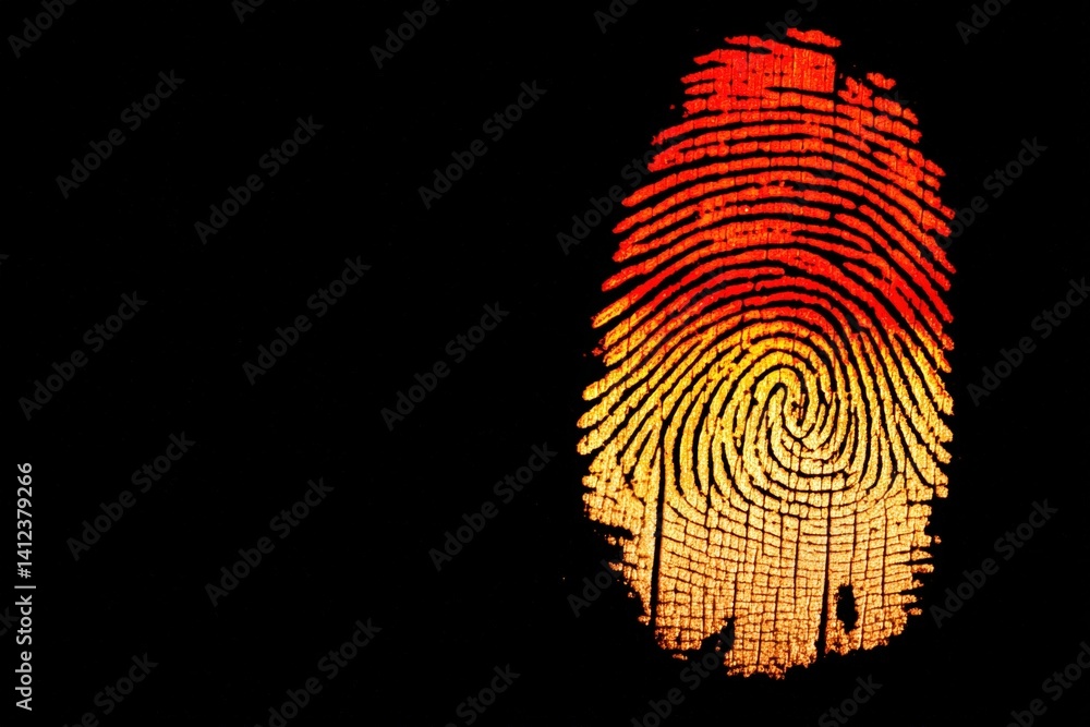 Poster a vibrant fingerprint design, showcasing intricate patterns in red and yellow against a dark backgro