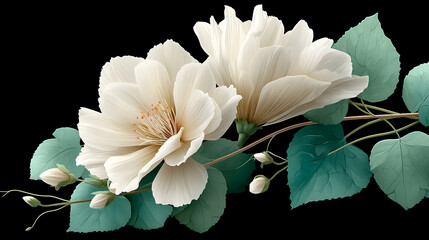 Elegant off-white blossoms with teal leaves on black background