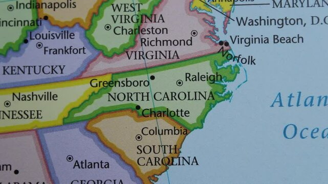 Close up of the USA on a map with North Carolina in sharp focus. North Carolina on a map 
