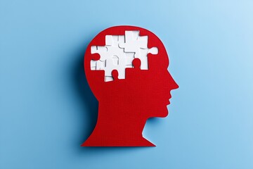 A head with a papercut reveals jigsaw puzzle pieces inside, symbolizing mental health issues, psychology, memory, and the thinking process
