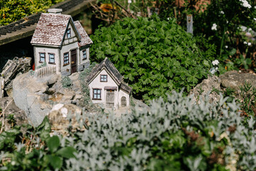 miniature house among garden shrubbery and succulents