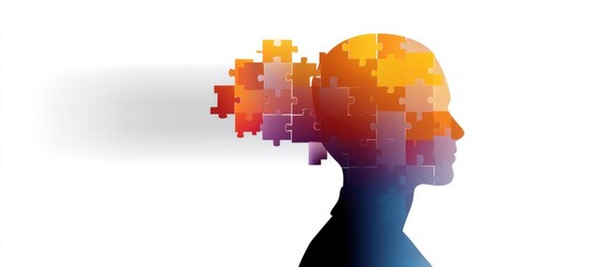 A human head profile intertwined with a jigsaw puzzle represents cognitive psychology and psychotherapy concepts, symbolizing mental health and brain issues like personality disorders, depicted in a