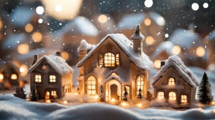 Fototapeta premium Cozy Winter Village Scene with Snow and Warm Glowing Lights