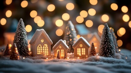 Fototapeta premium Cozy Winter Village Scene with Snowy Houses and Warm Lights
