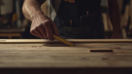 Carpenter measuring wood for a custom furniture project. Featuring craftsmanship and care