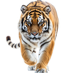 Fototapeta premium A majestic tiger walking forward with a focused gaze on a black isolated background