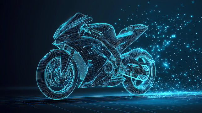 Cyber Motorcycle: A sleek and dynamic motorcycle rendered in a cool, futuristic, digital grid, racing across a dark backdrop, embodying speed and technological innovation.