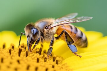 A determined Apis (honeybee) collecting pollen from a sunflower, covered in golden dust