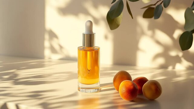A bottle of perfume sits on a table next to a few marula fruits. The bottle is clear and has a gold rim. The marula fruits are arranged in a row, with one on the left, one in the middle, and two on th