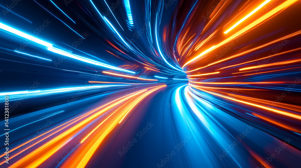 Poster digital tunnel of velocity: an abstract digital rendering of a tunnel with radiant streaks of light 