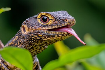 Obraz premium A fierce Varanus (monitor lizard) stalking its prey in the dense jungle, its forked tongue flicking