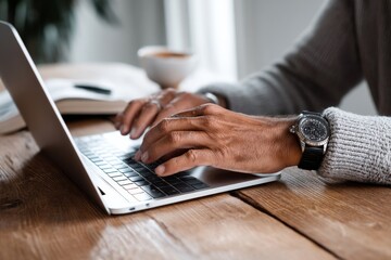 A focused man types on a laptop with a stylish watch, working on a wooden desk at home.