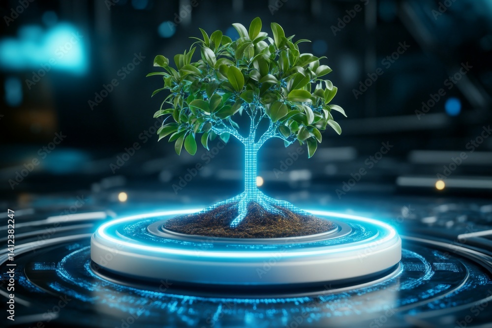 Poster a floating cyber tree with digital branches and pixelated leaves growing inside a virtual reality wo