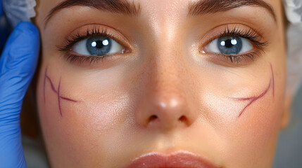 Close-up of a young Caucasian woman with marked facial skin ready for a cosmetic treatment, showcasing her expressive blue eyes.