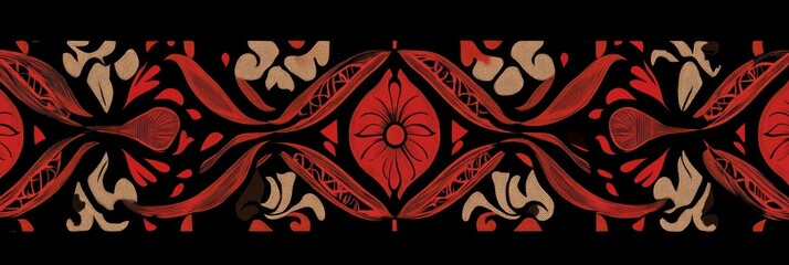 Geometric floral pattern in red and beige on black background, symmetrical design