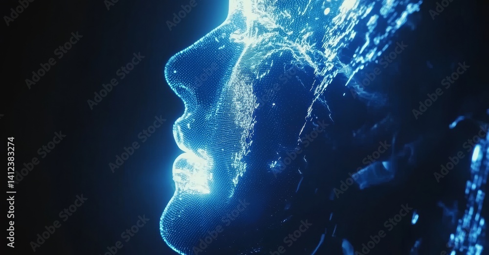 Poster stock concept illustrating big data or cyber security, depicted as an abstract digital human face th