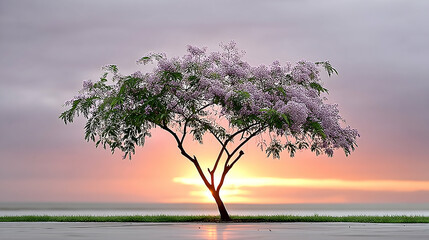 Obraz premium Solitary flowering tree at sunrise, reflecting in wet ground