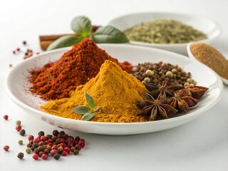 variety of spices in bowls, Colorful Spices Arranged on a Plate Perfect for Cooking and Flavoring
