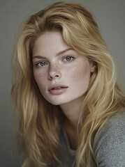 Fototapeta premium The image presents a beautiful woman with a sexy and glamorous face, made up with a fresh daily look that includes shiny skin highlighter, glossy lips, and perfectly shaped eyebrows, all of which