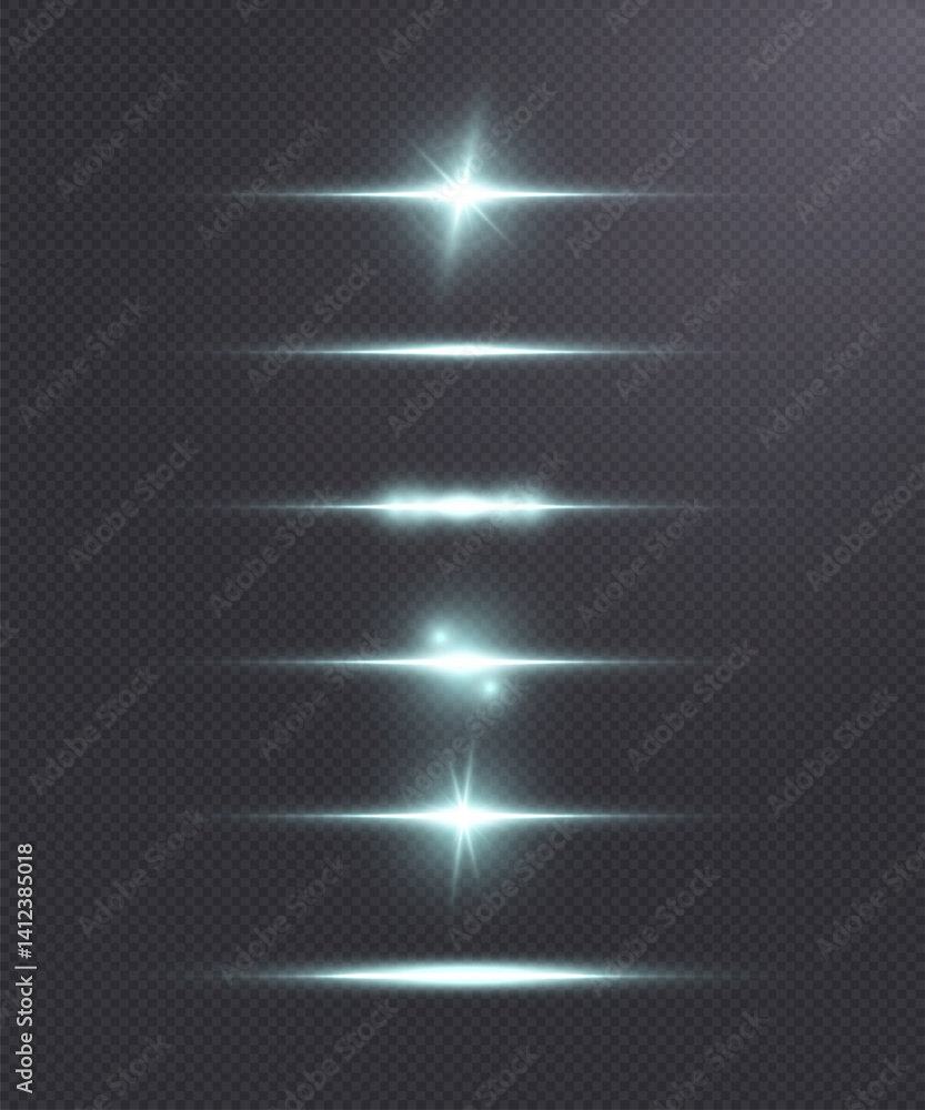 Poster Set of glowing white horizontal light flares with soft glow and radial highlights on transparent background. Perfect for lens flare overlays, spark effects, or futuristic UI elements.

