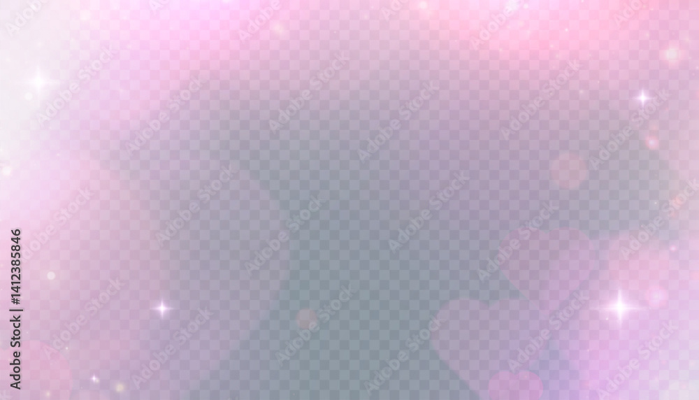 Poster soft pink bokeh background with sparkles, hearts, and glowing light flares on transparent layer. per