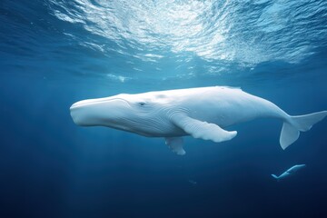 Naklejka premium Marine life blue whale swimming in underwater scene with blue tones and light beams.