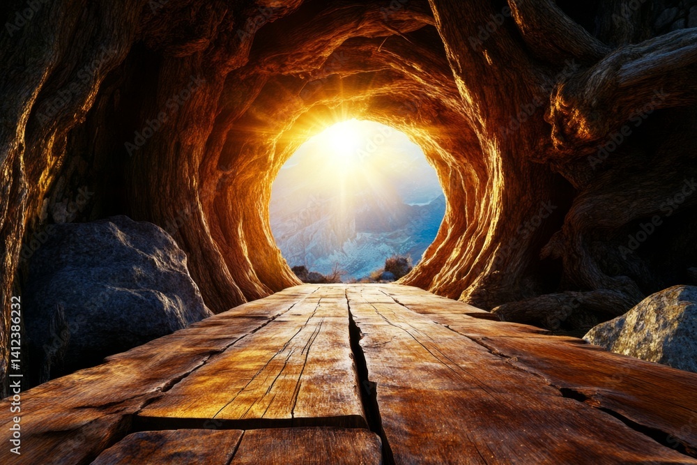Poster a hollow tree trunk forming a natural tunnel, sunlight filtering through its open core