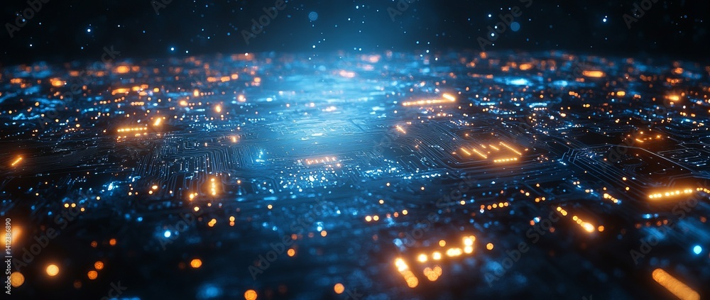 Poster image of a network of lines and dots, blue technology background with circuit board and digital line