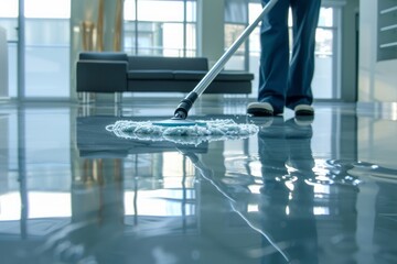 Person Using Mop to Clean Modern Office Floor with Reflection