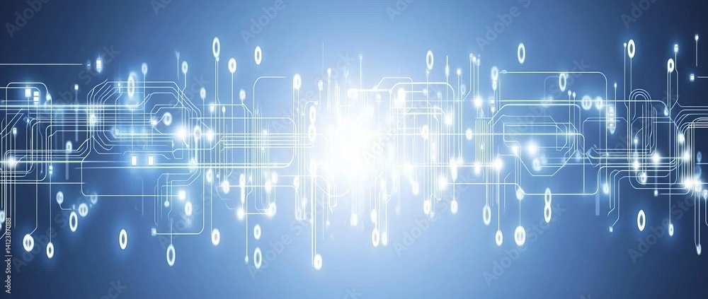 Poster image of a network of lines and dots, blue technology background with circuit board and digital line