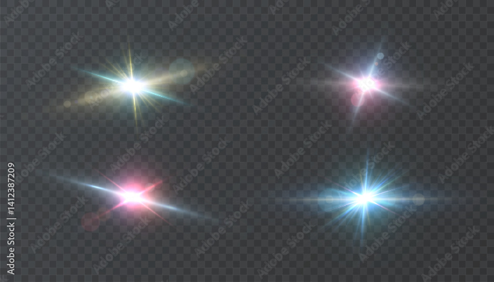 Poster Set of multicolored glowing glares with radial light and bokeh reflections on transparent PNG background. Vector for magic effects, UI highlights, visual effects overlays.
