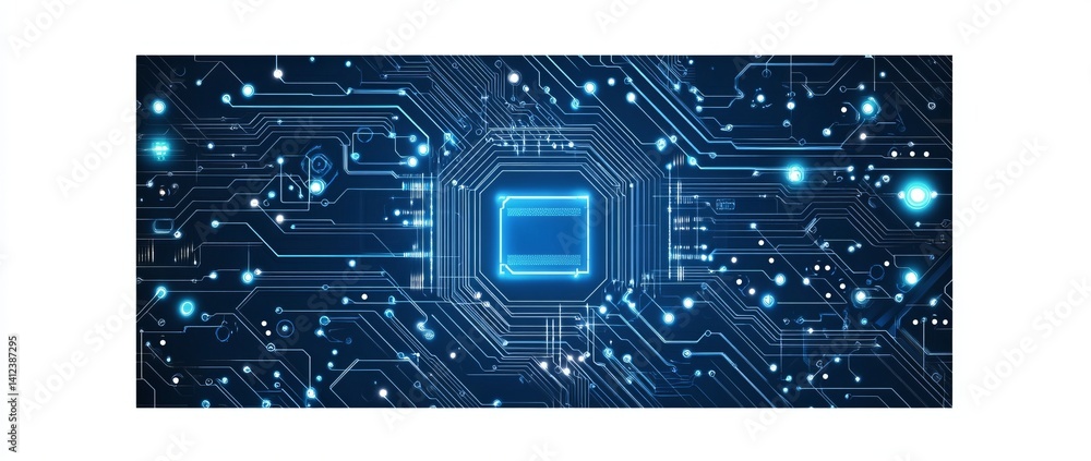 Poster image of a network of lines and dots, blue technology background with circuit board and digital line
