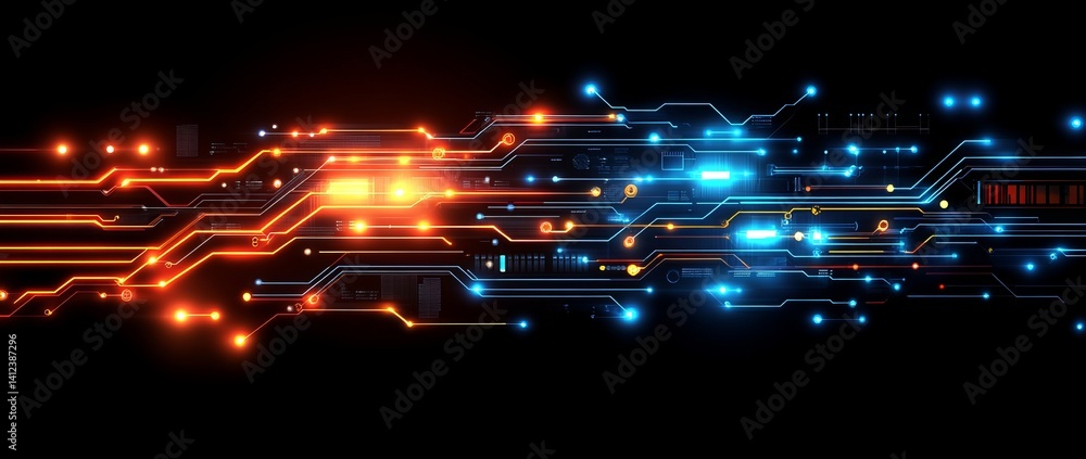 Poster image of a network of lines and dots, blue technology background with circuit board and digital line