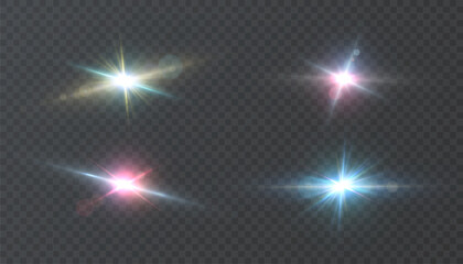 Set of multicolored glowing glares with radial light and bokeh reflections on transparent PNG background. Vector for magic effects, UI highlights, visual effects overlays.