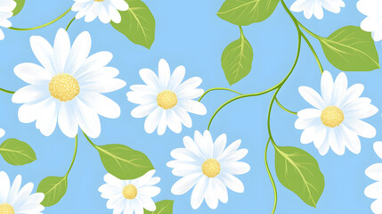Bright white daisies with green leaves on a light blue background create a cheerful and fresh floral pattern.