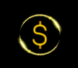 Dollar sign, gold, shiny, on a dark background. 
Transparent with a color effect. Vector image