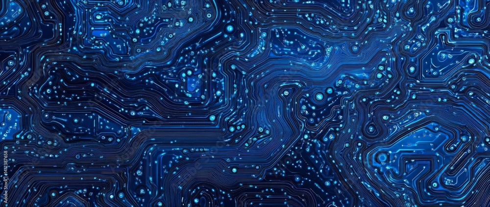 Poster a blue and white image of a network of lines and dots, blue technology background with circuit board
