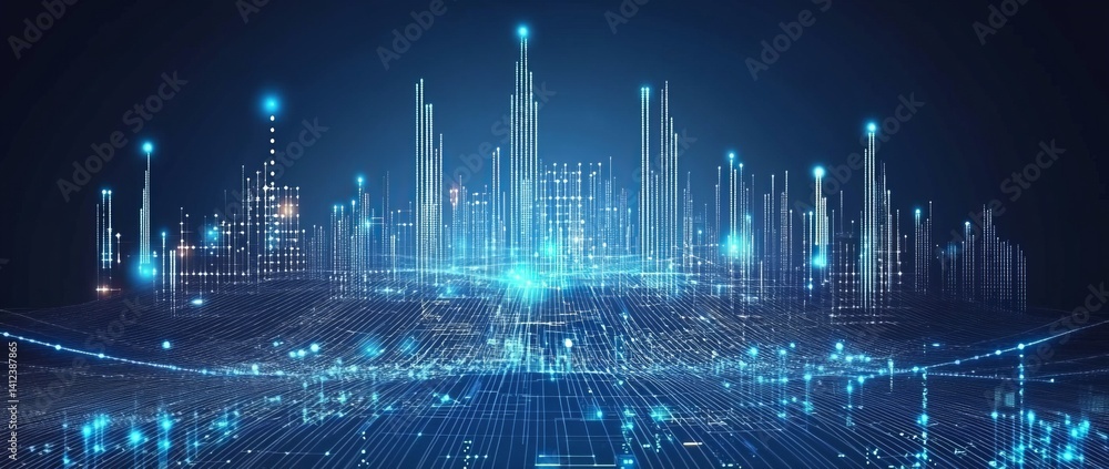 Poster a blue and white image of a network of lines and dots, blue technology background with circuit board
