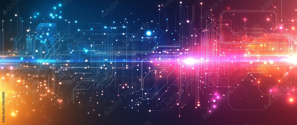 Poster a blue and white image of a network of lines and dots, blue technology background with circuit board
